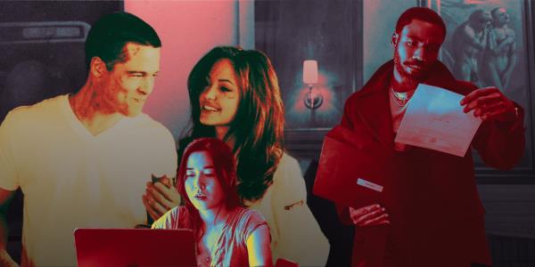 Brad Pitt as John and Angelina Jolie smiling at each other in the film's version of Mr. & Mrs. Smith, and Maya Erskine as Jane working at a computer while Do<em></em>nald Glover as John reads a docu<em></em>ment in the TV's version of Mr. & Mrs. Smith