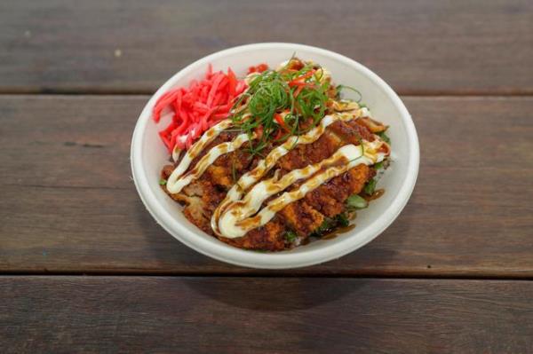 Preview of the new Katsu Chicken Rice Bowl at Optus Stadium. Riley Churchman