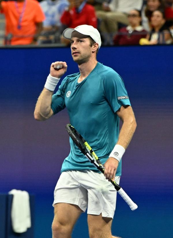Botic van de Zandschulp reacts after defeating Carlos Alcaraz in the second round on Arthur Ashe Stadium at the USTA Billie Jean King Natio<em></em>nal Tennis Center on August 29, 2024.