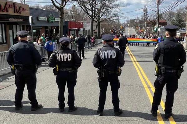 LGBTQ+ supporters stage a brief protest ahead of the Staten Island St. Patrick's Parade Sunday, March 5, 2023. (Staten Island Advance/Jan Somma-Hammel)