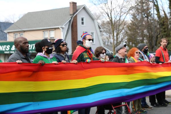 Members of the Staten Island Pride Center volunteer and community organizers take to the street before the Staten Island St. Patrick's Parade. March 5, 2023. (Staten Island Advance/Jan Somma-Hammel)
