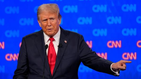 Republican presidential candidate former President Do<em></em>nald Trump speaks during a presidential debate hosted by CNN with President Joe Biden, 