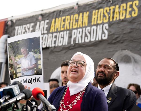 Samar Hamwi, sister of Majd Kamalmaz, speaks during the Bring Our Families Home Campaign, a campaign led by family members of Americans wro<em></em>ngfully detained or held hostage abroad