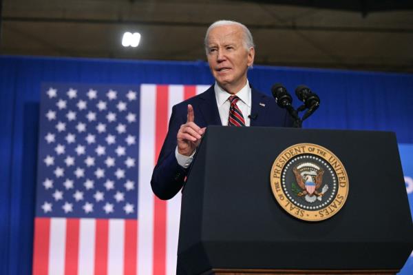 US President Joe Biden speaks a<em></em>bout the PACT Act, which expands coverage for veterans exposed to toxic substances, at a YMCA in Nashua, New Hampshire, on May 21, 2024. 