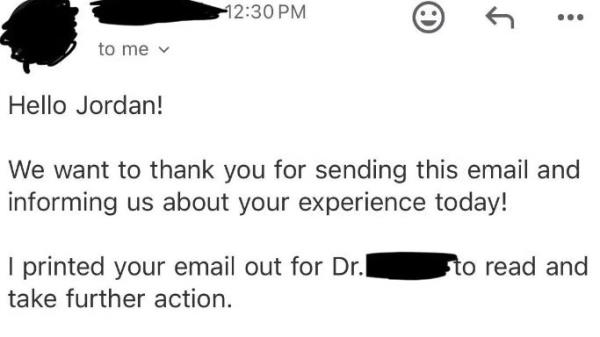 A screenshot of a phone displaying Ms. Danvers' post a<em></em>bout her bizarre dental experience and the official apology she received from the dentist clinic.