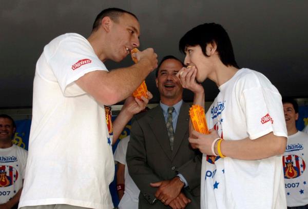 Takeru Kobayashi, current Nathans Hot Dog eating champ and Joey Chestnut, his expected American competition with NYC Parks