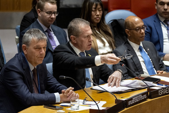 Israel UN ambassador Gilad Erdan, centre, addresses members of the UN Security Council in April.