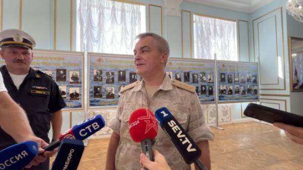 Admiral Viktor Sokolov, the commander of Russia's Black Sea Fleet, speaks with journalists during an interview at a military sports facility in Sevastopol, Crimea, in this still image taken from video released September 27, 2023. Press Service of Russia's Black Sea Fleet/Handout via REUTERS ATTENTION EDITORS - THIS IMAGE WAS PROVIDED BY A THIRD PARTY. NO RESALES. NO ARCHIVES. MANDATORY CREDIT.