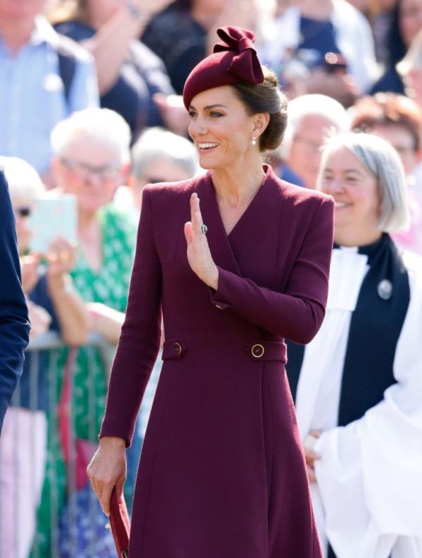 Princess of Wales in red dress, attends service to commemorate late Queen Elizabeth II's life at St Davids Cathedral in Wales.