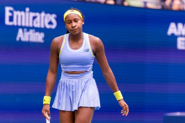 Coco Gauff of the USA reacts during her fourth round match against Emma Navarro of the USA at the US Open Tennis Tournament Sunday, Sept. 1, 2024.