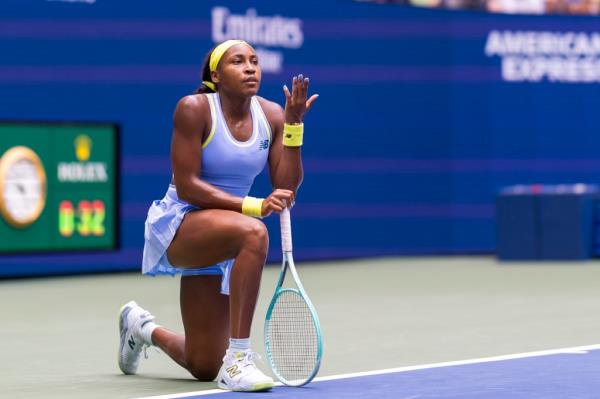 Coco Gauff of the USA reacts during her fourth round match against Emma Navarro of the USA at the US Open Tennis Tournament Sunday, Sept. 1, 2024, in Queens, NY.