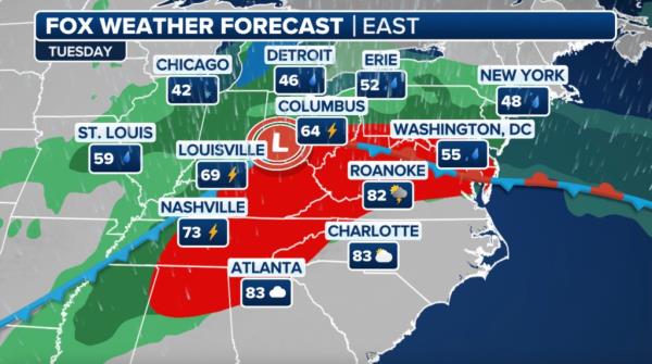 A map of the United States showing a heavy spring snow forecast for Northeast, New England causing potential commuting problems