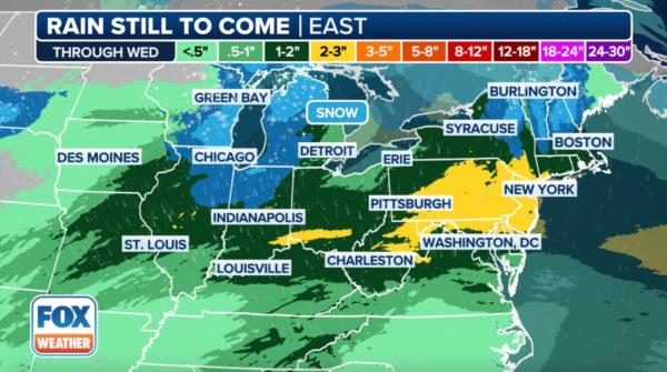 A map of the United States showing heavy spring snow in Northeast, New England potentially causing travel difficulties.