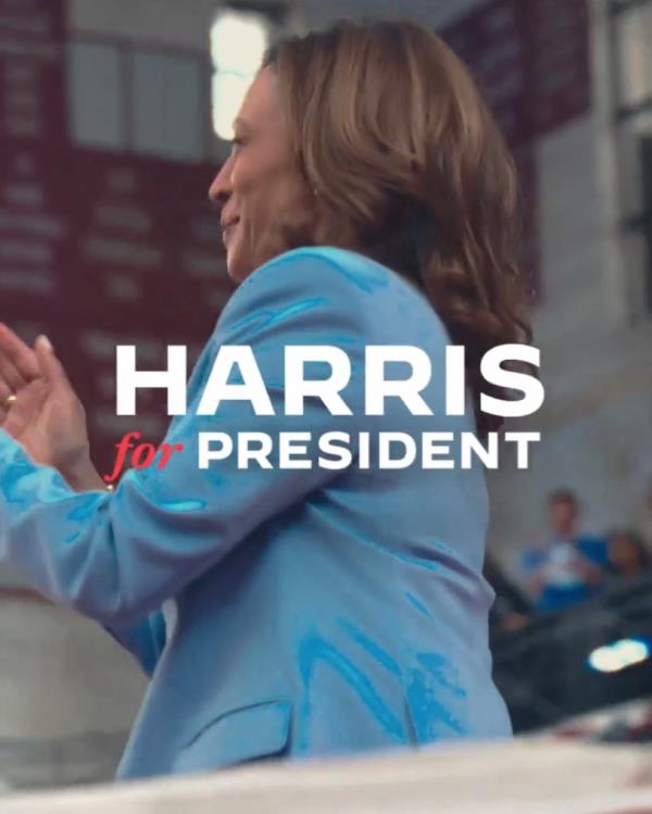 Screenshot of the first presidential campaign TV advertisement released by Vice President Kamala Harris Thursday,