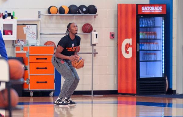  Knicks guard Immanuel Quickley on the court during practice at the Knicks training facility.