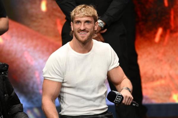 MANCHESTER, ENGLAND - OCTOBER 12: Logan Paul looks on during a KSI v Tommy Fury - Prime Card Press Co<em></em>nference at Manchester Central on October 12, 2023 in Manchester, England. (Photo by Ben Roberts Photo/Getty Images)