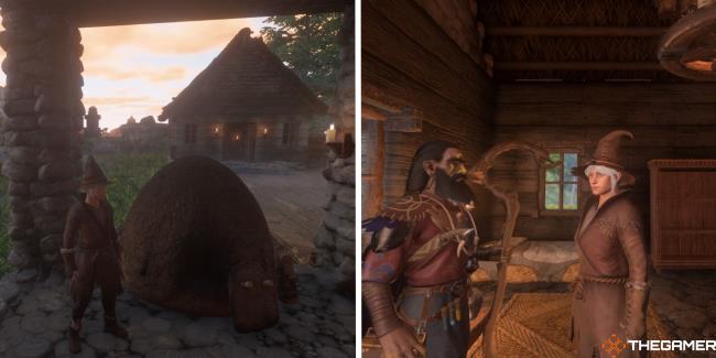 enshrouded player standing next to charcoal kiln next to image of player and alchemist
