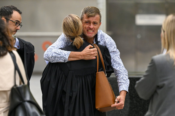 Declan Cutler’s father Bryan Beattie reacts outside court.