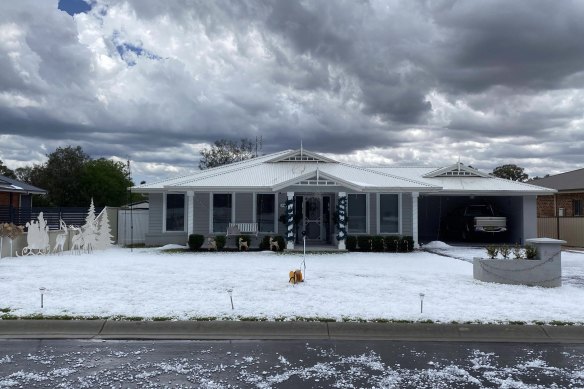 A lawn in Grenfell, south of Orange, is covered in white after hail sto<em></em>nes larger than golf balls hit parts of central NSW on Monday.